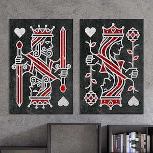 King and Queen of Hearts speelkaart zwart rood Set voor hem en haar muurkunst boven het bed canvas ingelijst slaapkamerdecor of posterafdruk Koninklijk paar