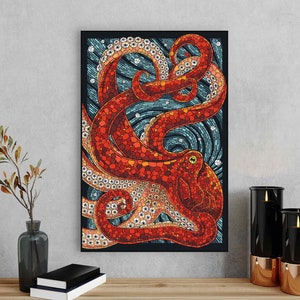 Red Octopus Mosaic Print on Canvas Asian Art Living Room - Etsy