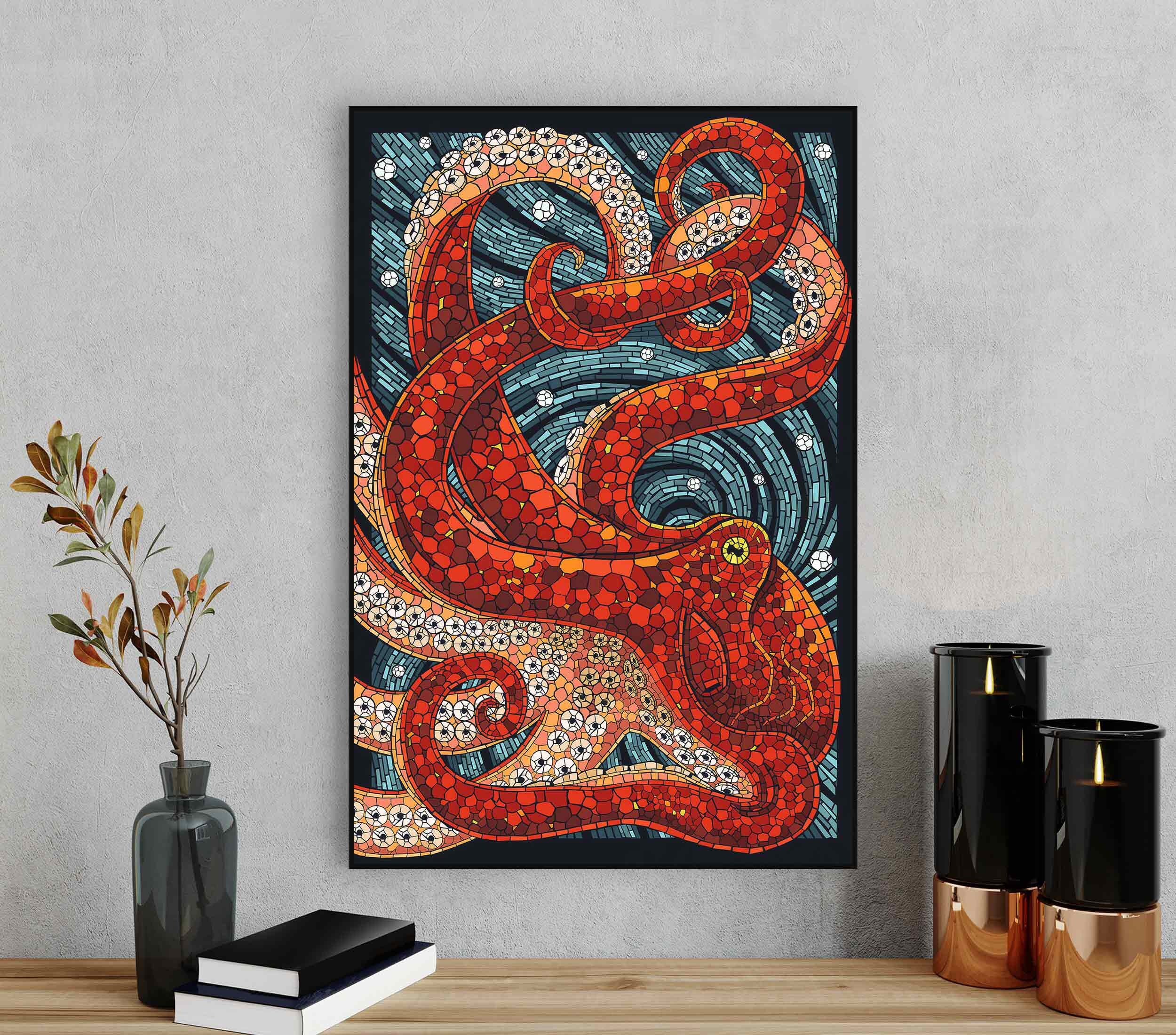Red Octopus Mosaic Print on Canvas, Asian Art Living Room Decor