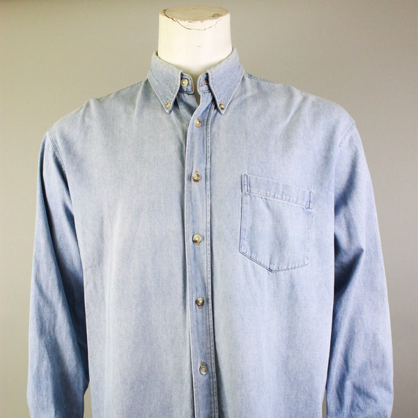 Vintage Denim chemise Mens Denim chemise longue manche chemise bleu chemise en Jean denim Vintage jeans bouton vers le bas jusqu'à hipster grunge surdimensionné pour homme L