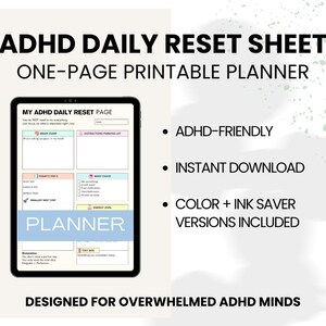 May include: An ADHD Daily Reset Sheet one-page printable planner displayed on a tablet screen. The planner includes sections for brain dump, distractions, top tasks, body check, energy level, and tiny wins. Text includes ADHD-FRIENDLY, INSTANT DOWNLOAD.