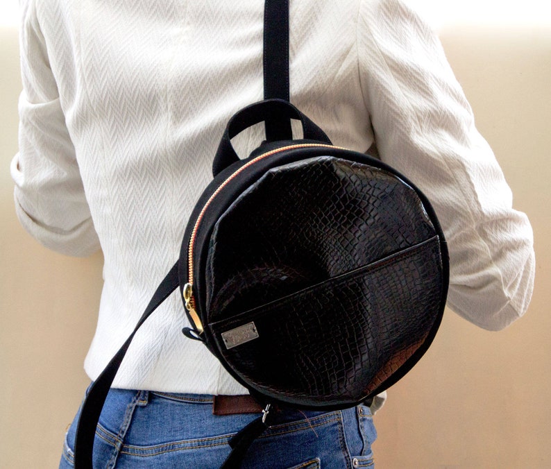Mini black lacquer vegan leather backpack. Women fashion | Etsy