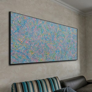 Abstract painting Jackson Pollock style, modern minimalist canvas art, luxury home office decor, blue white gold pollock art, BTF44