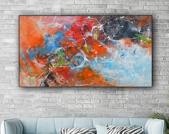 Abstract painting, red blue black orange abstract, Art on canvas, Abstract art ,AJP11, Jackson Pollock style Splash and Drip Art, 27x48"