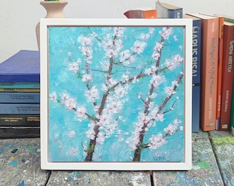 Original Kirschblüten-Ölgemälde - Sakura, Wandkunst, 20 x 20 cm, türkisfarbener Hintergrund, florale strukturierte Kunst, Frühlingsdekor, Geschenk, FTS07