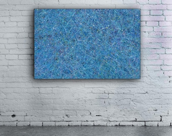 Grande dipinto astratto blu in acrilico su tela: opera d'arte moderna con texture (81x122 cm)