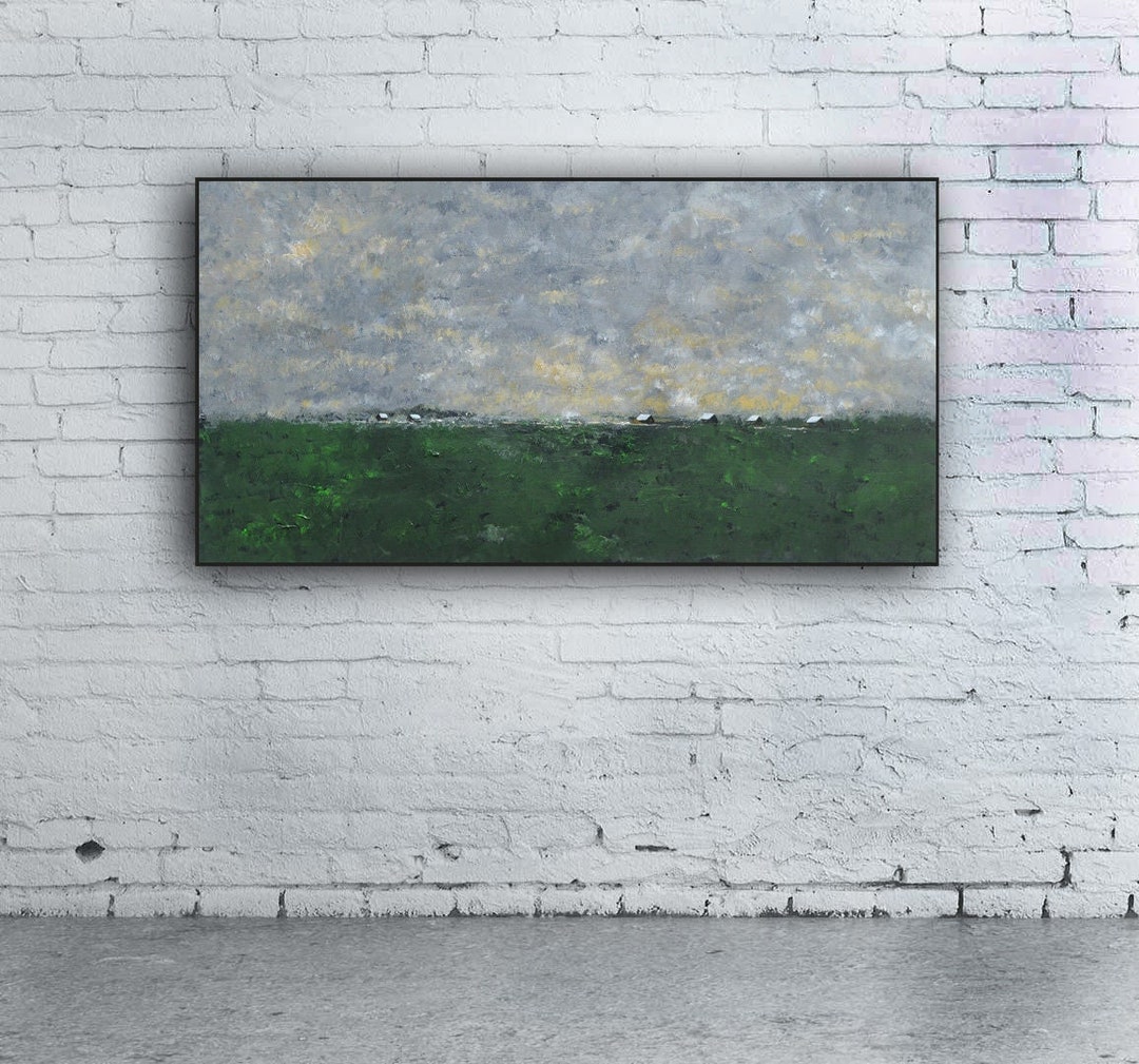 Landscape Painting, Landscape Skyscape, Peach Pink Gray Green, Canvas
