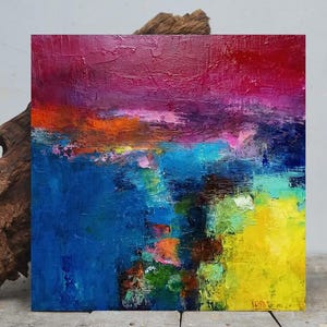 Original Abstract Oil Painting on Wood Panel - 10x10” Blue Yellow Wall Art - Modern Textured Artwork for Home Decor, box10#166
