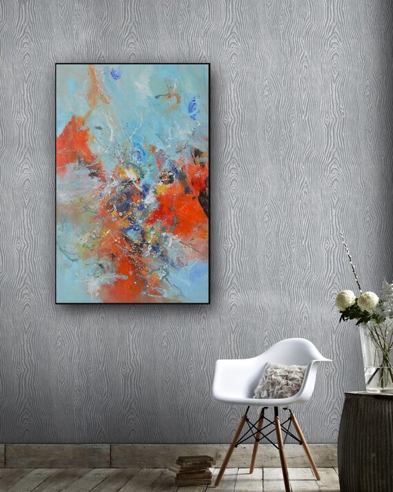 Vertical painting Drip and splash Art red blue black orange | Etsy