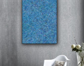 vertical  canvas art, modern Abstract painting, Jackson Pollock style, luxury home office decor, blue white gold brightfull color, AJP06