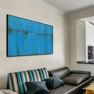 horizontal abstrakte Malerei in türkis blau gold grün orange, abstrakt, original abstraktes Bild, moderne Kunst, Leinwand Kunst, 36x48 cm, AJP #77
