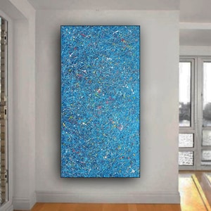 72&quot; vertical Abstract painting Jackson Pollock style, wall home office large canvas art decor, blue white  texture brightfull color, BTF37
