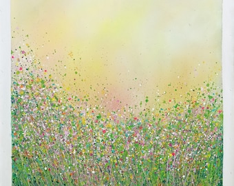 abstraktes Acrylbild impressionistischer Landschaft Garten Frühling pink gelb Blumen home Deko Wandbild große Kunst auf Leinwand , LDS14 36x36&quot;