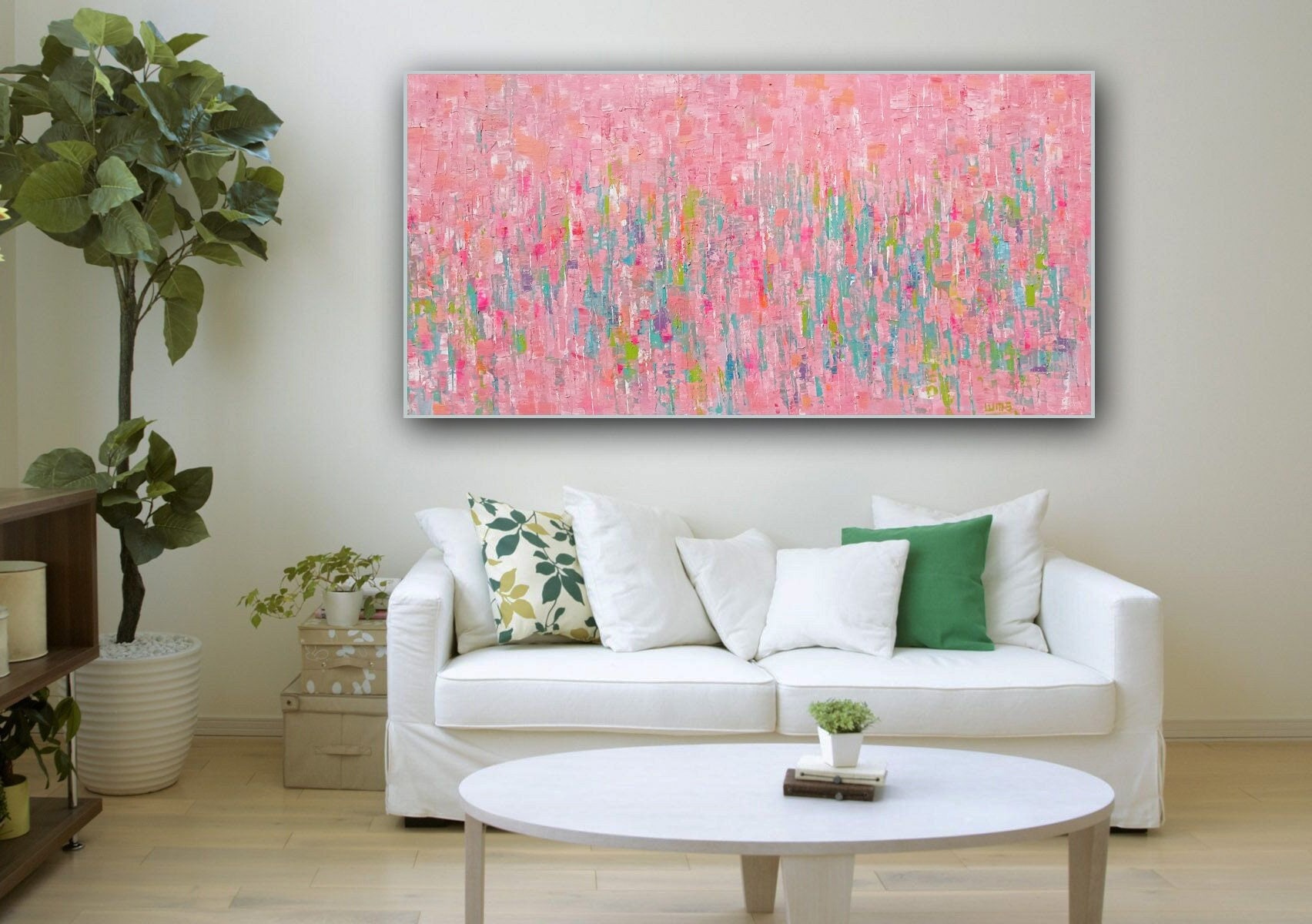 Großes abstraktes Acrylbild - 90x180 cm Rosa Moderne Wandkunst - Handgemachte bunte Leinwand für Wohnzimmer, BIC12