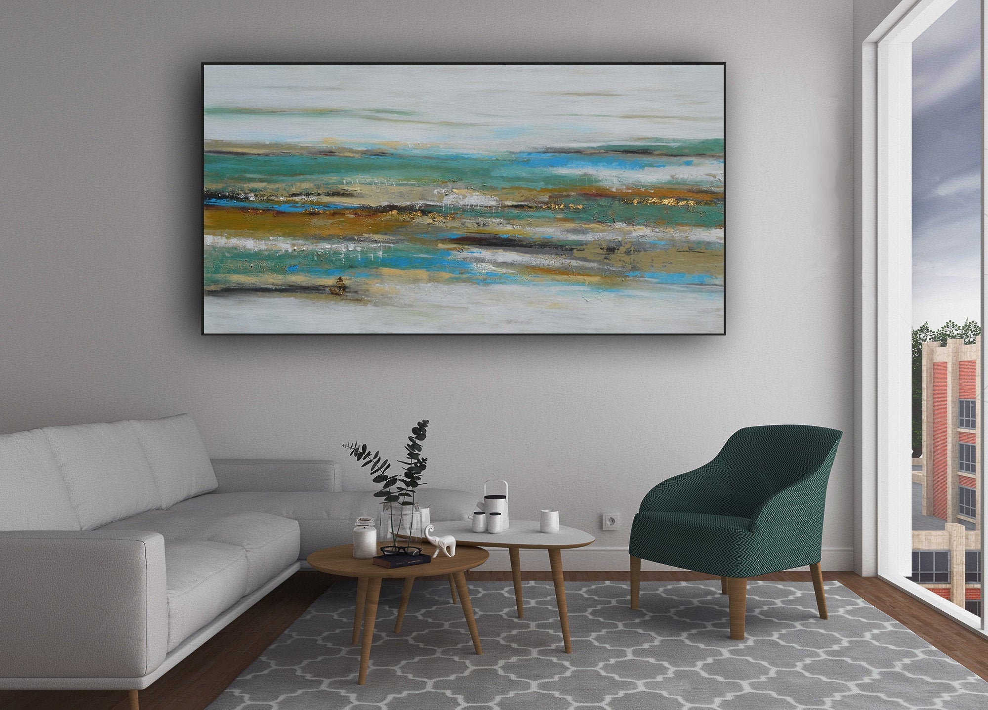 Extra large abstract painting blue ochre gold white turqouise Etsy