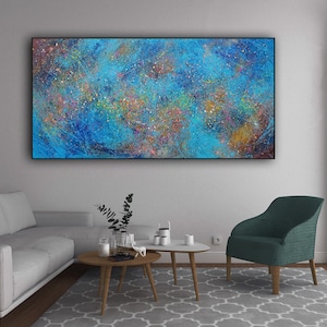 Large Abstract Blue Painting on Canvas - Original 36x72&quot; Textured Modern Wall Art - Handmade Acrylic Artwork for Living Room, BIC15