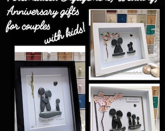 Personalised Wedding gift. Couple & ONE TWO or THREE children. Same sex couples. Engagement Anniversary Irish Pebble Art. Handmade to Order