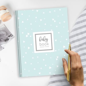 Babybuch Geometrisches Blau | Babypartygeschenk, neue Muttergeschenk, Babygedächtnisbuch, Geschenk für Babymädchen, Geschenk für Babyjungen, erstes Jahrbuch
