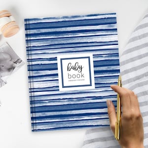 Blue Stripe Baby Book | Baby Shower Gift, New Mom Gift, Baby Memory Book, Gift for Baby Girl, Gift for Baby Boy, First Year Book