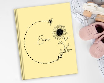 Zonnebloembij babyboek | Babydagboek, kraamcadeau, babygeheugenboek, nieuw babycadeau, babyalbum, zonnebloemkwekerij