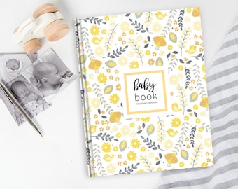 Geel bloemenbabyboek | Babyboek voor meisje, babyboek eerste jaar, babymeisje geheugenboek, cadeau voor nieuwe ouders