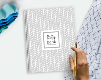 Grijze Chevron-babyboek | Babyshowercadeau, nieuwe moedercadeau, babygeheugenboek, cadeau voor babymeisje, cadeau voor babyjongen, eerstejaarsboek