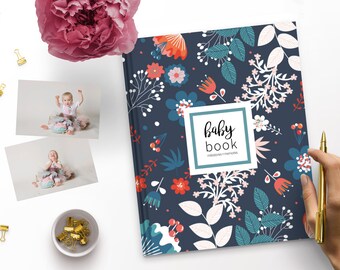 Navy Floral Baby Book | Baby Book Girl, Baby Book First Year, Baby Memory Book, Baby Journal, Gift for New Baby, Baby Shower Gift