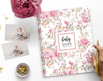 Rose bloemen babyboek | Aandenkenboek voor babymeisje, babyboek eerste jaar, babygeheugenboek, babydagboek, babyalbum, cadeau voor baby