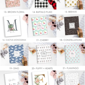 May include: Twenty-four different baby book cover designs. The covers feature various patterns and designs including floral, plaid, beehive, cactus, cherry, constellations, dinosaur, puppy and hearts, flamingo, floral monogram, and grey bear. Each cover has the text 'baby book' on it.