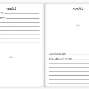 May include: A black and white printable baby memory book page with two sections. The left section has the title 'FIRST Bath' and includes the text 'YOU HAD YOUR FIRST BATH ON' and 'SPECIAL NOTES ABOUT THE EVENT'. The right section has the title 'ATE solid's' and includes the text 'YOU FIRST ATE SOLIDS ON' and 'SPECIAL NOTES ABOUT THE EVENT'. Both sections have a space for a photo.