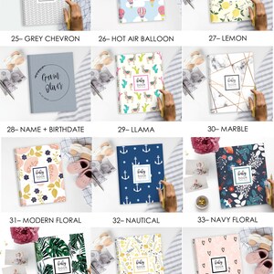 May include: Twelve different baby book cover designs. The covers feature various patterns and designs including grey chevron, hot air balloons, lemons, a llama, marble, modern floral, nautical, navy floral, palm leaves, yellow floral, and pink hearts. Each cover has the words 'baby book' in a white rectangle.