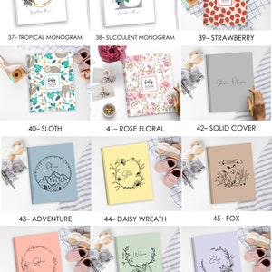 May include: A collage of 12 different baby book cover designs. The covers feature various themes including tropical, succulent, strawberry, sloth, rose floral, solid, adventure, daisy wreath, fox, peony wreath, hanging sloth, and magnolia. Each cover features a unique design and includes the text 'baby book'.