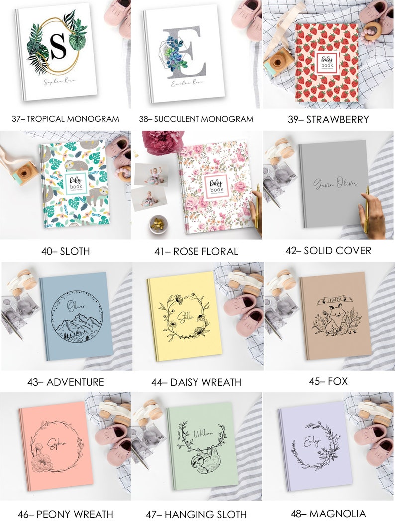 May include: A collage of 12 different baby book cover designs. The covers feature various themes including tropical, succulent, strawberry, sloth, rose floral, solid, adventure, daisy wreath, fox, peony wreath, hanging sloth, and magnolia. Each cover features a unique design and includes the text 'baby book'.