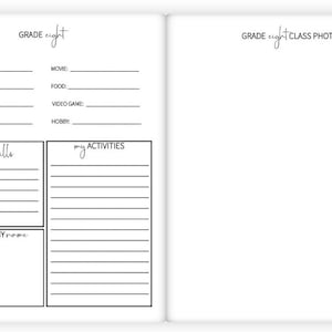 May include: A black and white printable worksheet for students in eighth grade. The worksheet has sections for students to list their favorite things, new skills they have learned, and activities they enjoy. The worksheet also includes a space for students to write their name.