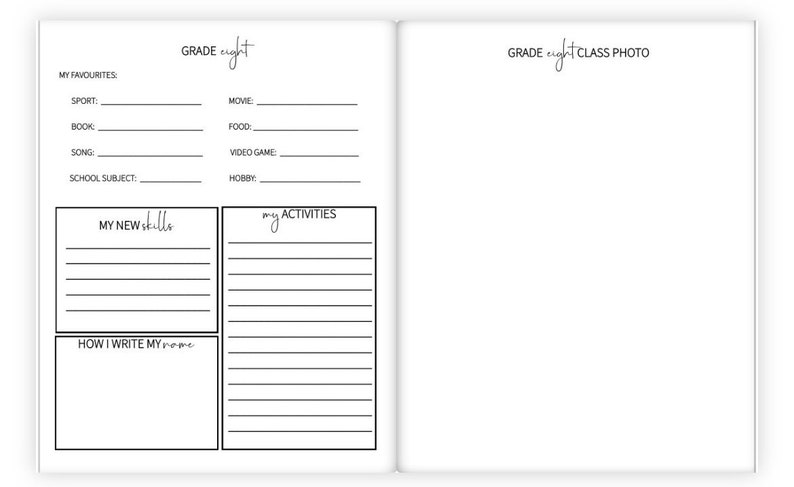 May include: A black and white printable worksheet for students in eighth grade. The worksheet has sections for students to list their favorite things, new skills they have learned, and activities they enjoy. The worksheet also includes a space for students to write their name.