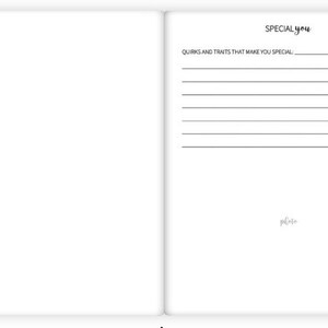 May include: A blank journal page with the title "SPECIAL YOU" and the text "QUIRKS AND TRAITS THAT MAKE YOU SPECIAL" followed by blank lines for writing.