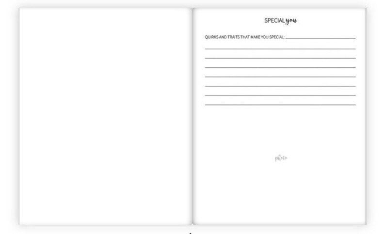 May include: A blank journal page with the title "SPECIAL YOU" and the text "QUIRKS AND TRAITS THAT MAKE YOU SPECIAL" followed by blank lines for writing.