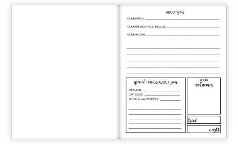 May include: A black and white printable journal page with the title "About You". The page includes sections for "Your Birthday", "Your Name Was Chosen Because", "Your Early Days", "Special Things About You", and "Your Nicknames".