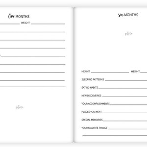 May include: Two pages of a baby memory book with black text on white paper. The left page is titled 'Five Months' and the right page is titled 'Six Months.' Each page has sections for recording height, weight, sleeping patterns, eating habits, new discoveries, accomplishments, places visited, special memories, and favorite things. Each page also has a space for a photo.