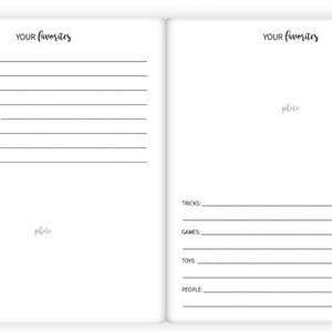 May include: A printable two-page journal spread with the title "Your Favorites" and prompts for listing favorite treats, places to sleep, things to do together, places to visit, tricks, games, toys, and people. The journal is designed for recording memories with a pet.