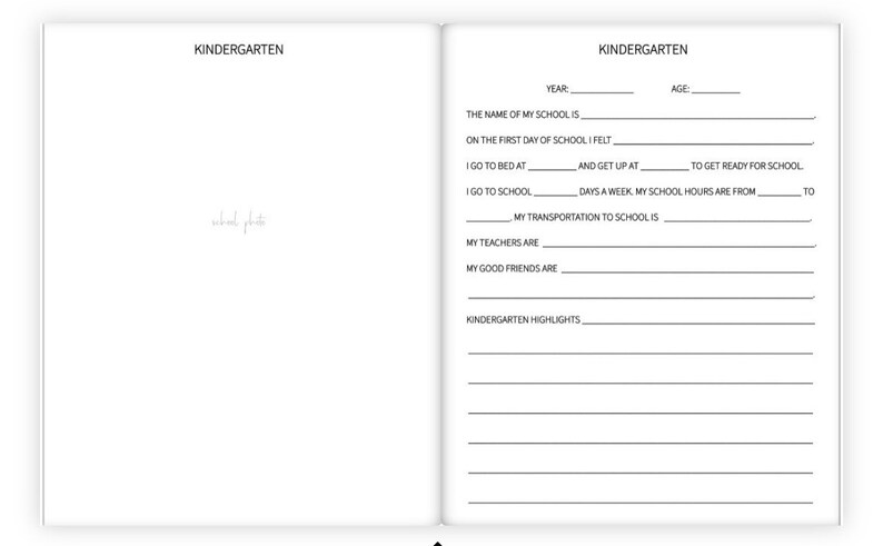 May include: A black and white printable journal page for kindergarten students to record their school year. The page includes sections for the student's name, age, school name, bedtime, wake-up time, school days, school hours, transportation, teachers, friends, and highlights.