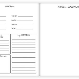 May include: A printable worksheet for first grade students. The worksheet includes sections for students to write about their favorite things, new skills they have learned, and activities they enjoy. The worksheet also includes a space for a class photo.