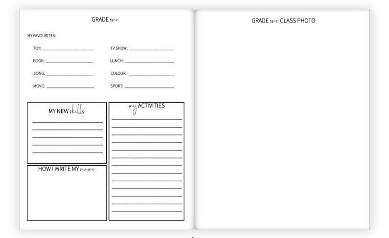 May include: A printable worksheet for first grade students. The worksheet includes sections for students to write about their favorite things, new skills they have learned, and activities they enjoy. The worksheet also includes a space for a class photo.