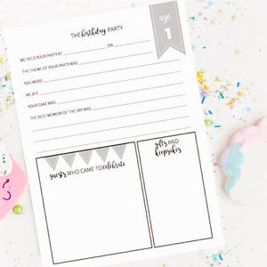 Páginas para fiestas de cumpleaños - Complemento para libro de entrevistas de cumpleaños / Álbum de cumpleaños, diario de cumpleaños