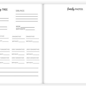 May include: A black and white printable family tree template with the words 'YOUR family TREE' and 'family PHOTOS' at the top. The template includes sections for names and birthdates of family members, including baby, mom, grandmother, grandfather, great grandmother, great grandfather, and siblings. The template also includes a section for other important people.