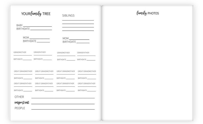 May include: A black and white printable family tree template with the words 'YOUR family TREE' and 'family PHOTOS' at the top. The template includes sections for names and birthdates of family members, including baby, mom, grandmother, grandfather, great grandmother, great grandfather, and siblings. The template also includes a section for other important people.