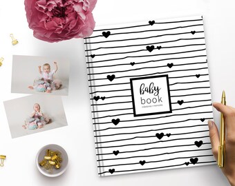 Harten en Strepen Babyboek | Babydagboek, kraamcadeau, babygeheugenboek, nieuw babycadeau, cadeau voor babymeisje, cadeau voor nieuwe ouders