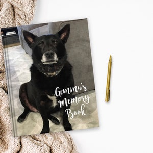 May include: A black and white dog sits on a gray couch. The dog is looking at the camera. The book cover reads "Gemma's Memory Book".