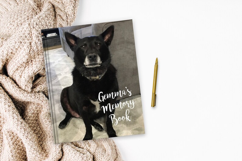 May include: A black and white dog sits on a gray couch. The dog is looking at the camera. The book cover reads "Gemma's Memory Book".