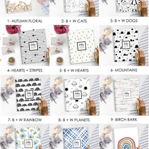 May include: Twelve different baby book covers with various designs. The covers are white with black and white designs, including floral, cats, dogs, hearts, stripes, mountains, rainbows, planets, birch bark, blue floral bee, and indigo plaid. The text 'baby book' is printed on each cover.